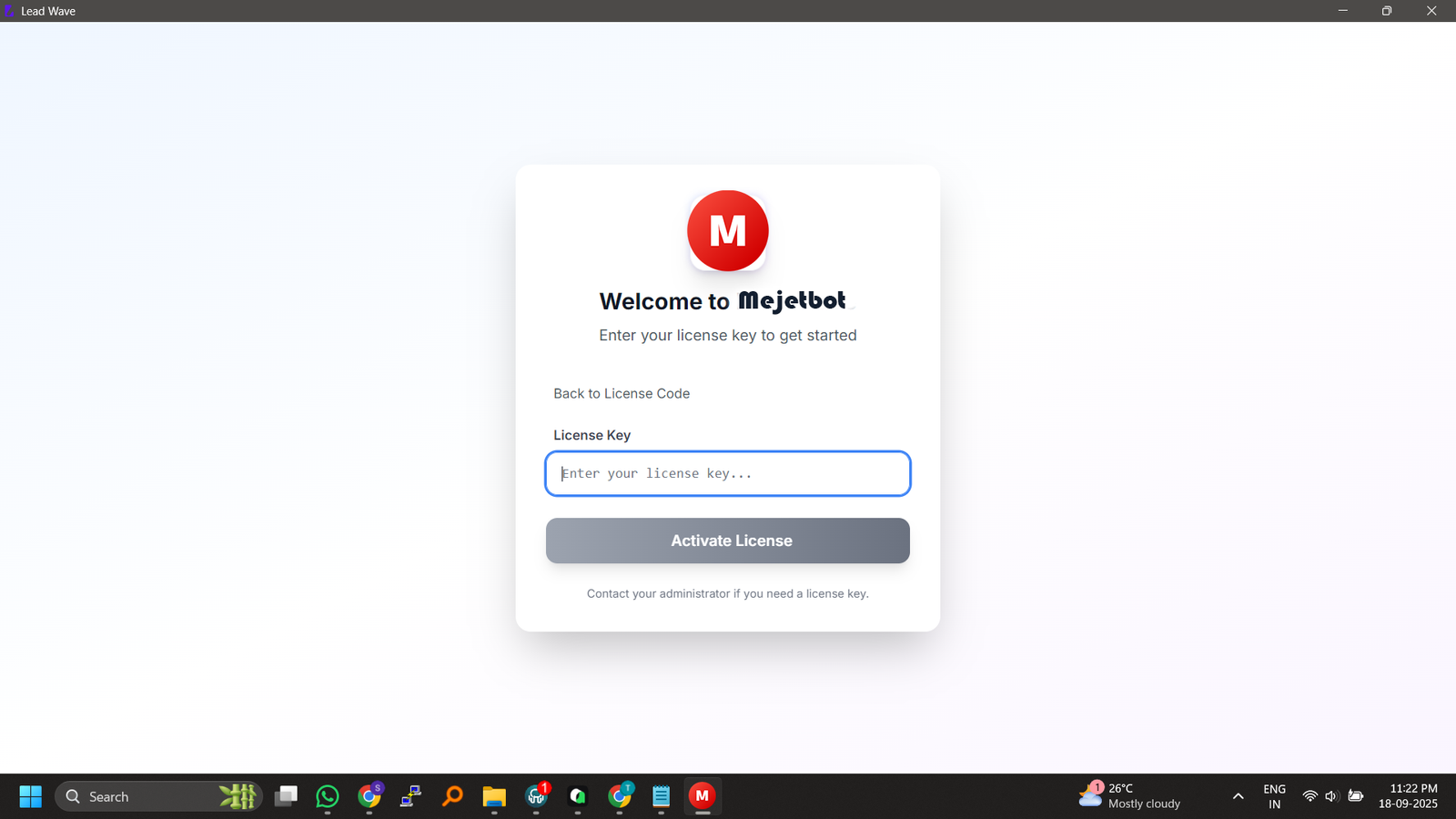 MetjetBot Activation Screen - Enter your license activation code
